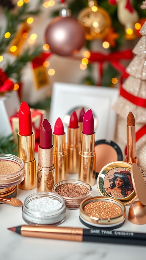 Aesthetic display of Christmas makeup products with red lipsticks, gold eyeshadows, and festive decorations.